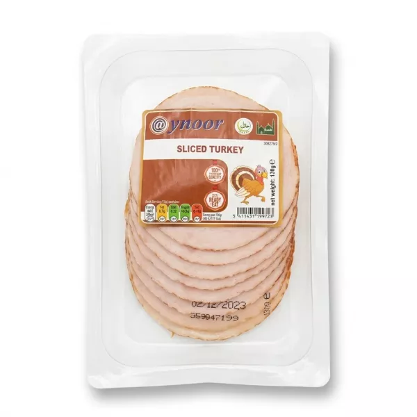 Enhanced Aynoor Sliced Turkey 130g packed, front label showing slices and certifications