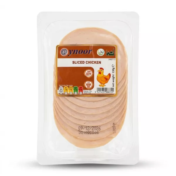 Enhanced Pack of Ynoor Sliced Chicken 130g with visible label and slices