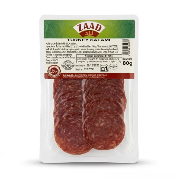 Enhanced Zaad Turkey Salami 80g pack with clear label and price