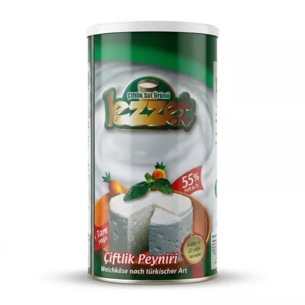 Enhanced Lezzet Çiftlik Peynir Full Fat Turkish Cheese tin angled front view