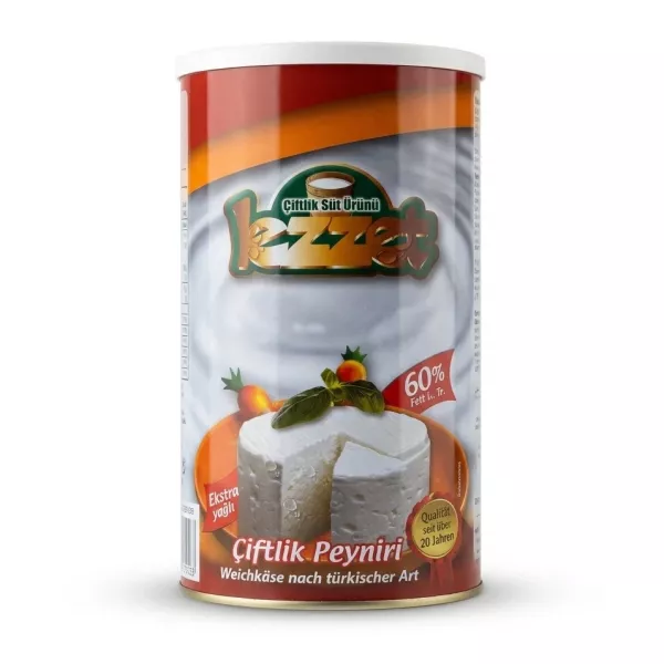 Enhanced Front of Lezzet Çiftlik Peynir Extra Creamy cheese tin 60% fat