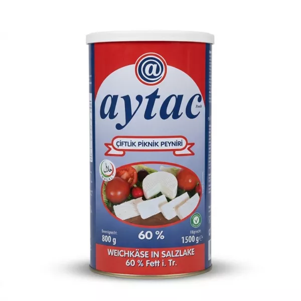 A professional e-commerce studio shot of a 1500g tin of Aytac Soft Cheese in Brine, featuring a clean white background and soft, symmetrical shadows. The label details are sharp, showing the brand logo, product illustration, and weight specifications clearly.