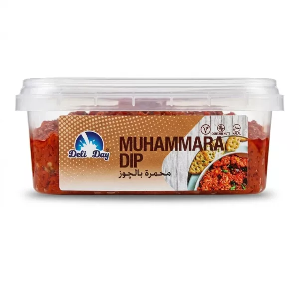 Enhanced Deli Day Muhammara Dip 200g plastic tub front label in grocery store