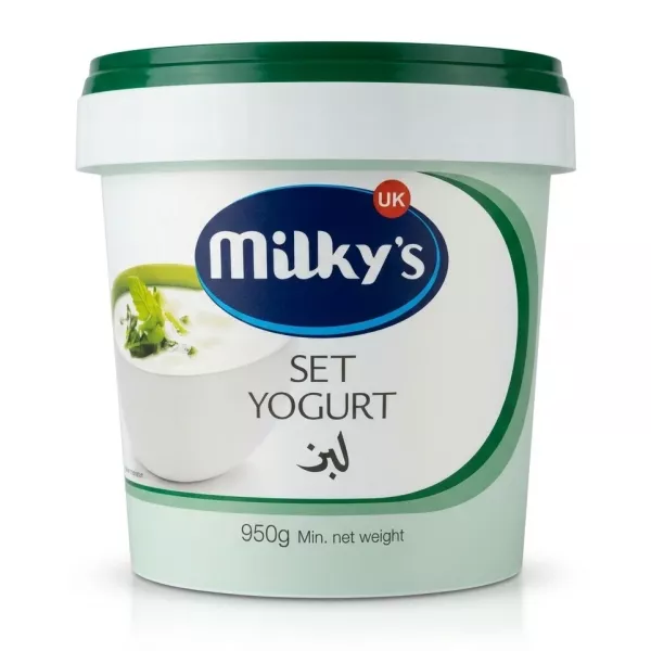 Milky's Set Yogurt, 950g tub with green lid, professionally photographed against a plain white background with professional lighting and soft shadow.