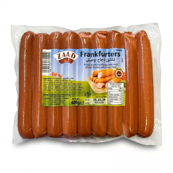 Enhanced ZAAD Frankfurters Chicken & Turkey 400g pack with visible label and price