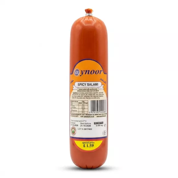 Enhanced Aynoor Spicy Halal Salami 450g label showing ingredients and price