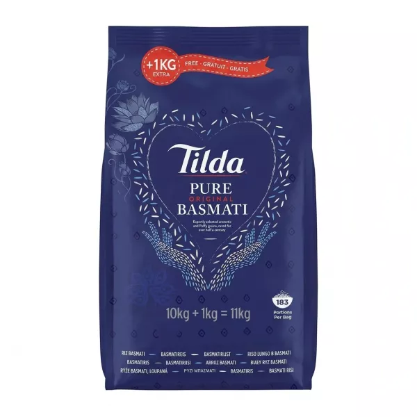 A large 11kg blue bag of Tilda Pure Original Basmati Rice featuring white script text, floral graphics, and a large heart shape on the front.