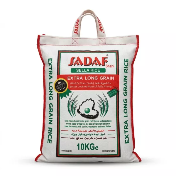 Enhanced Front view of Sadaf Sella Extra Long Grain Rice 10kg bag