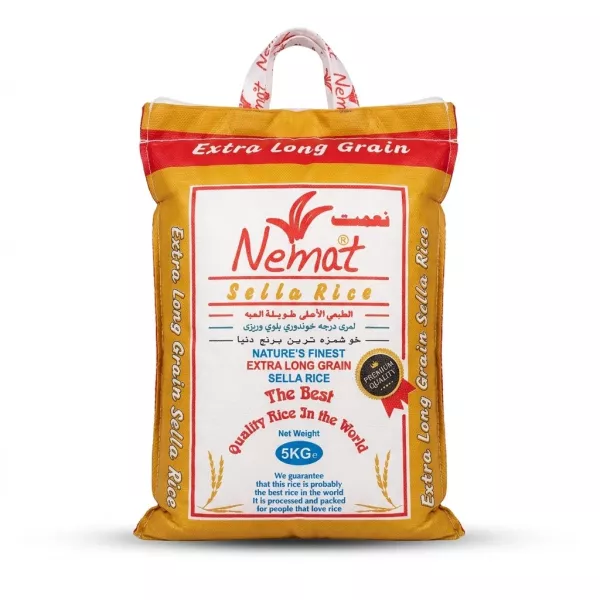 A 5kg bag of Nemat Sella Extra Long Grain Rice is centrally positioned on a clean white background. It features clear red and white branding with text in multiple languages and a 'Premium Quality' seal.