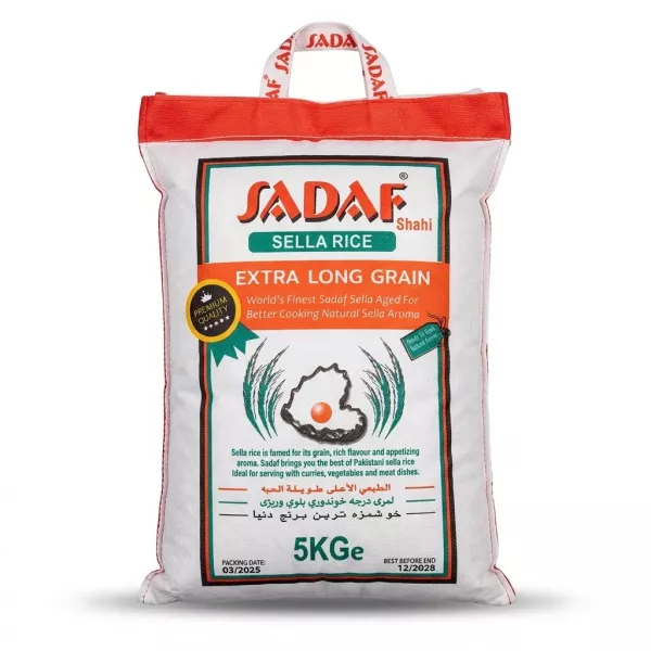 Enhanced Front view of Sadaf Sella Rice Extra Long Grain 5kg bag with prominent branding