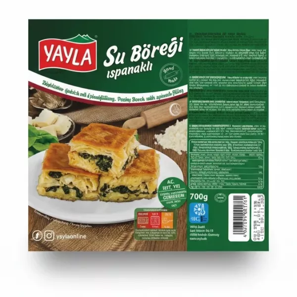 Packaged Yayla spinach pastry boregi with green labelled box