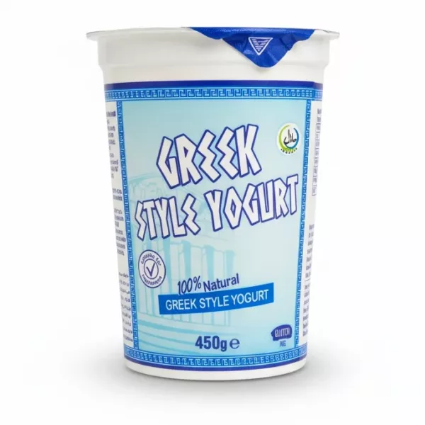 Container of Halalo Greek Style Yogurt 450g with blue and white label