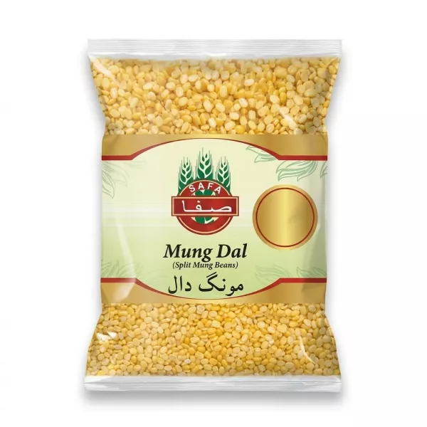 Enhanced Front view of Safa Mung Dal split mung beans in clear packaging with price