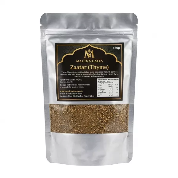 Front of Madina Dates Zaatar Thyme 150g resealable pack with label and window