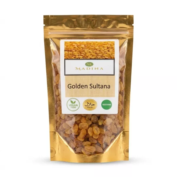 A 200g resealable gold pouch of Madina Golden Sultanas, clearly displaying 'VEGAN 100%', 'HALAL', and 'VEGETARIAN' labels against a solid white background.