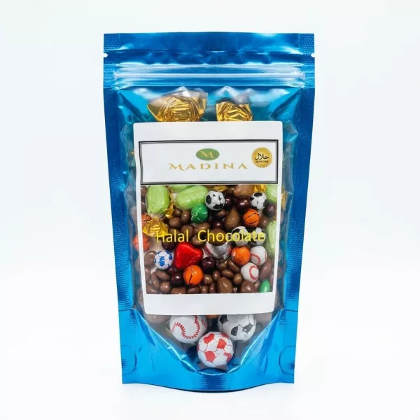 Front of Madina Halal Mixed Chocolate pouch with colourful sports-themed foil-wrapped chocolates