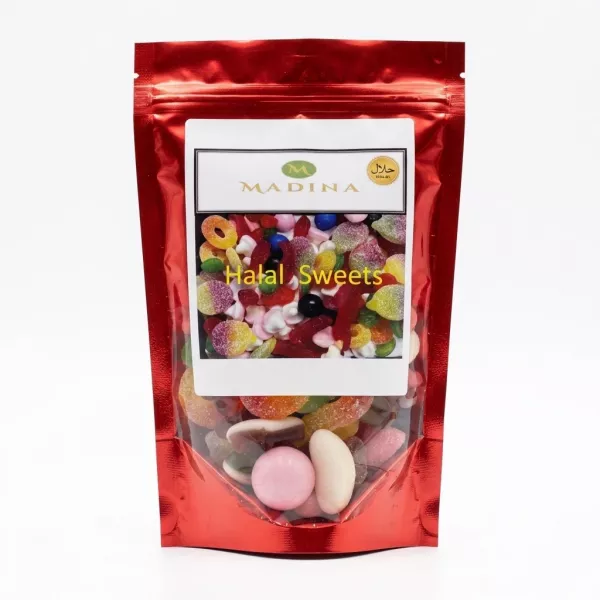 Front of Madina Halal Mixed Sweets 200g in a red resealable pouch with assorted colourful sweets visible.