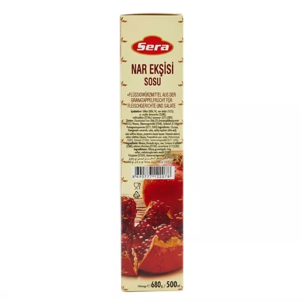 Back of Sera Pomegranate Salad Dressing 680g box with detailed ingredients and barcode