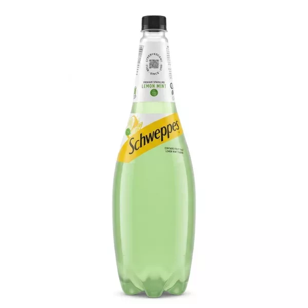 Front view of Schweppes Premium Sparkling Lemon Mint plastic bottle