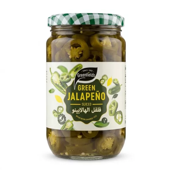 Front view of Greenfields Green Jalapeño Sliced jar with green checkered lid
