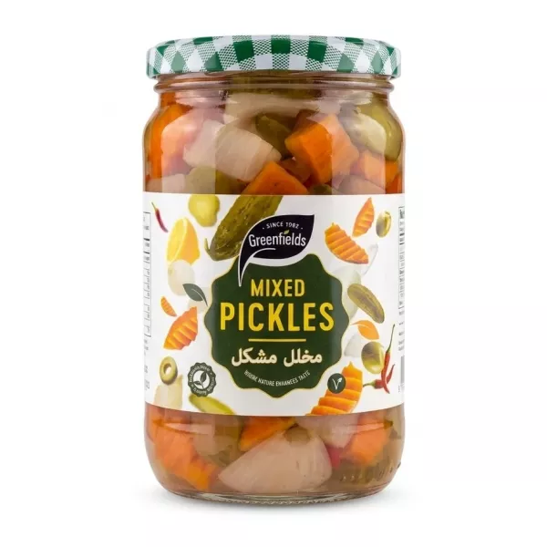 Front of Greenfields Mixed Pickles jar showing label and colourful pickled vegetables