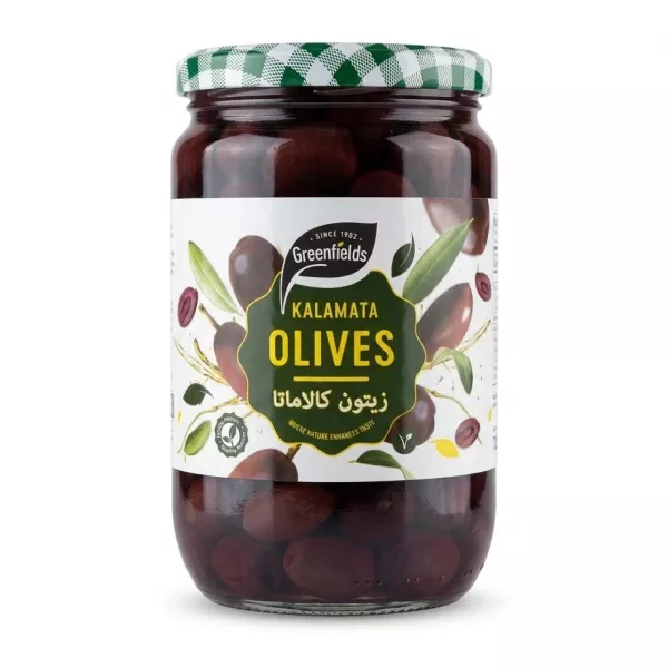 Front label of Greenfields Kalamata Olives 720g jar held in hand