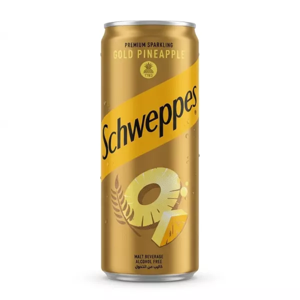 Front view of Schweppes Gold Pineapple premium sparkling malt beverage can