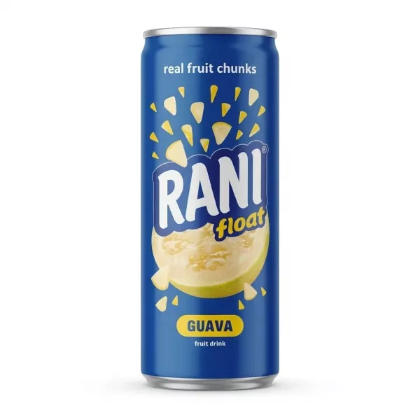 Front of Rani Float Guava fruit drink can with real fruit chunks text