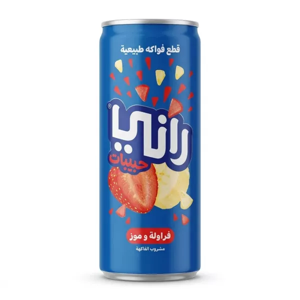 Front of Rani Float Strawberry Banana fruit drink can with vibrant blue background and fruit images