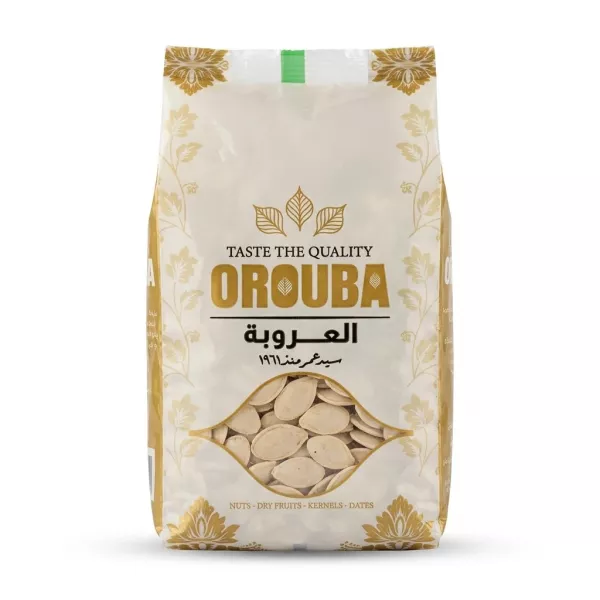 A professional studio photograph of a 1:1 scale sealed white and gold packet of Orouba Roasted Pumpkin Seeds, clearly displaying the brand name and product details against a solid white background.