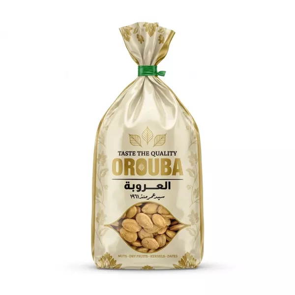 Front view of Orouba roasted watermelon seeds in gold and white packaging