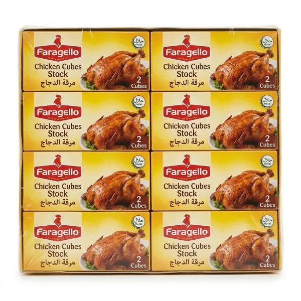 Front view of Faragello Chicken Cubes Stock 24x2 packaging