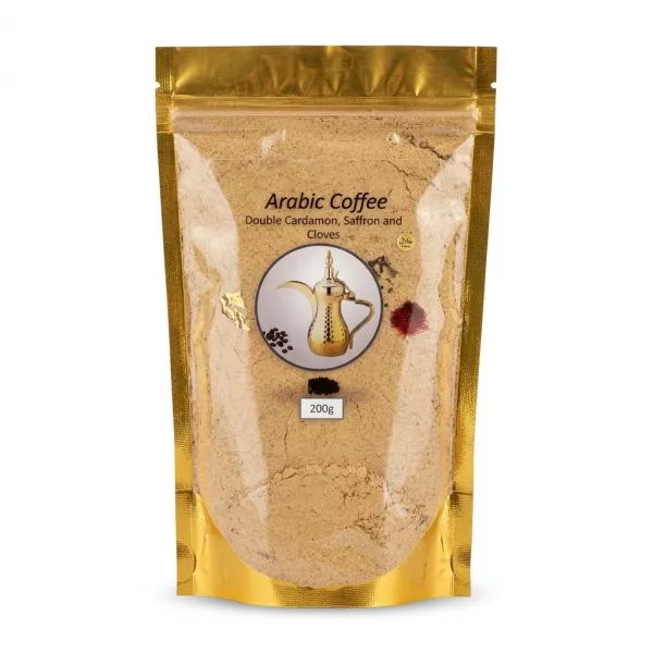 Front of a 200g pack of premium Arabic Coffee with double cardamom, saffron, and cloves in a gold pouch.