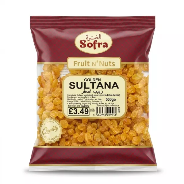 A 500g bag of Sofra Golden Sultana dried fruit with a visible golden raisin fill and a 'Quality Guarantee' stamp.