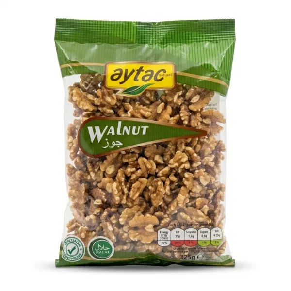 Front of Aytac Walnut 325g bag showing whole walnut kernels and halal certification