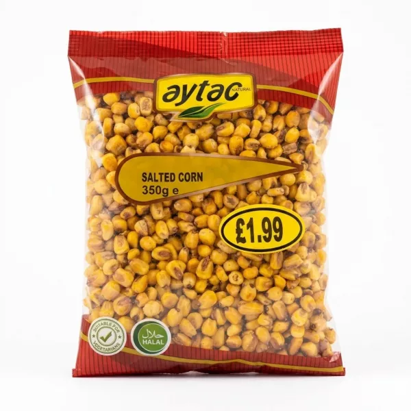 Aytac Salted Corn 350g pack with price and halal label visible