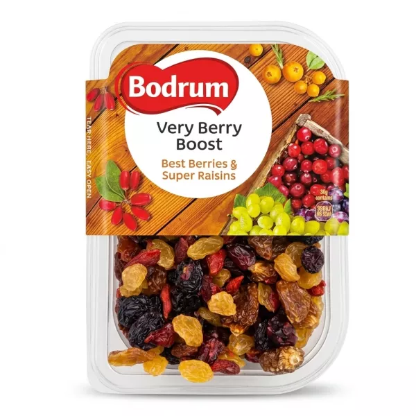 Bodrum Very Berry Boost snack mix front label with berries and raisins visible