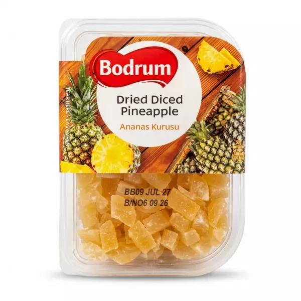 Front view of Bodrum Dried Diced Pineapple 250g pack with diced pineapple pieces and label visible