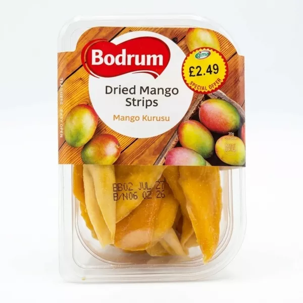 Front view of Bodrum Dried Mango Strips 150g pack with price label