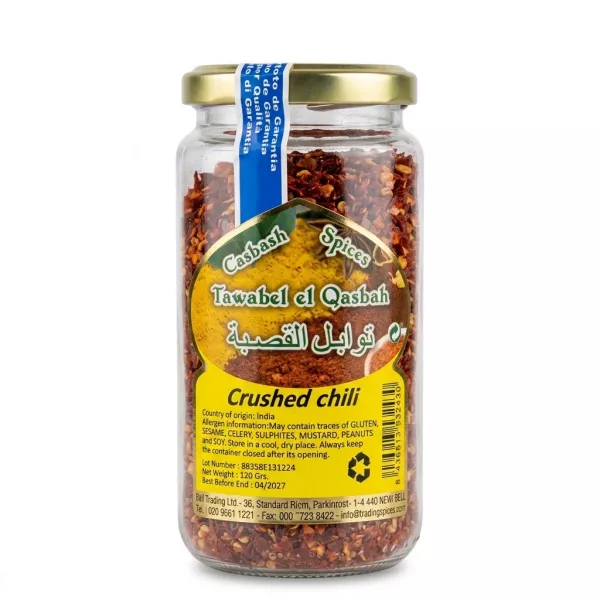 Casbah Crushed Chili Flakes 120g jar with yellow label
