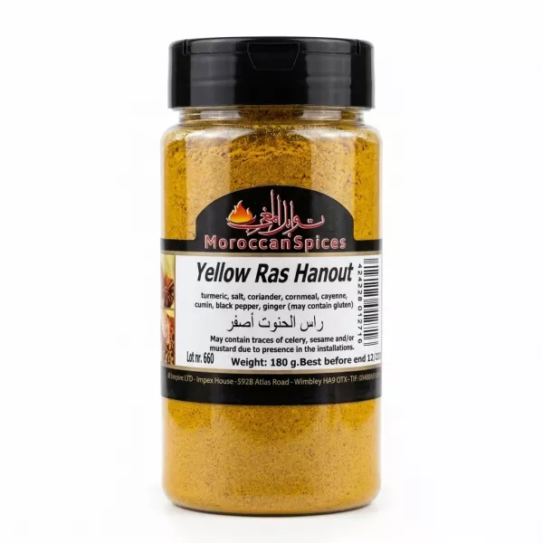 Moroccan Spices Yellow Ras Hanout jar held in hand, showing front label and vibrant yellow spice mix inside