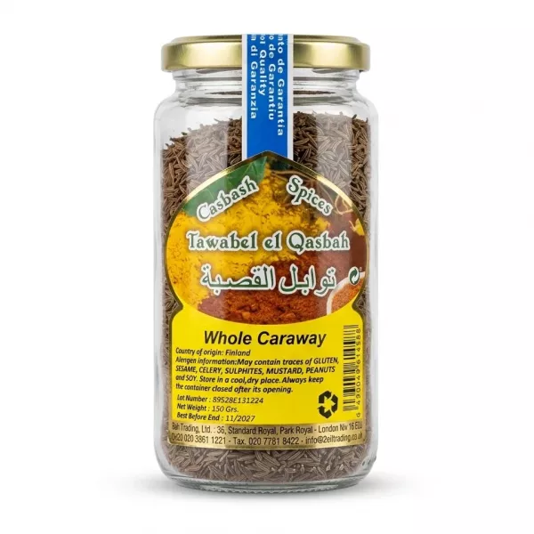 Front view of Casbash Whole Caraway Seeds 150g glass jar with label
