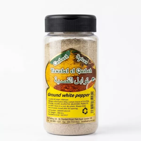 Casbash Ground White Pepper 180g spice jar front label in hand