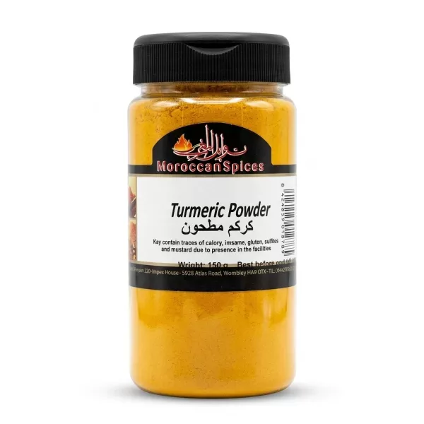 Front view of Moroccan Spices Turmeric Powder jar held in hand