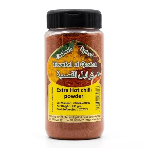 Front view of Qasbah Extra Hot Chilli Powder 150g jar with yellow label