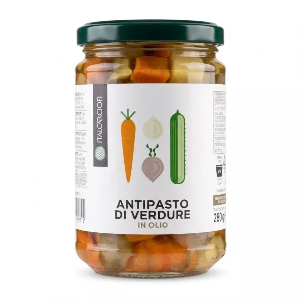 Front view of Italcriofi Antipasto di Verdure in Olio jar with illustrated vegetables on the label