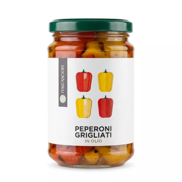 Front label of Italcriofi Peperoni Grigliati in Oil 280g jar showing colourful peppers