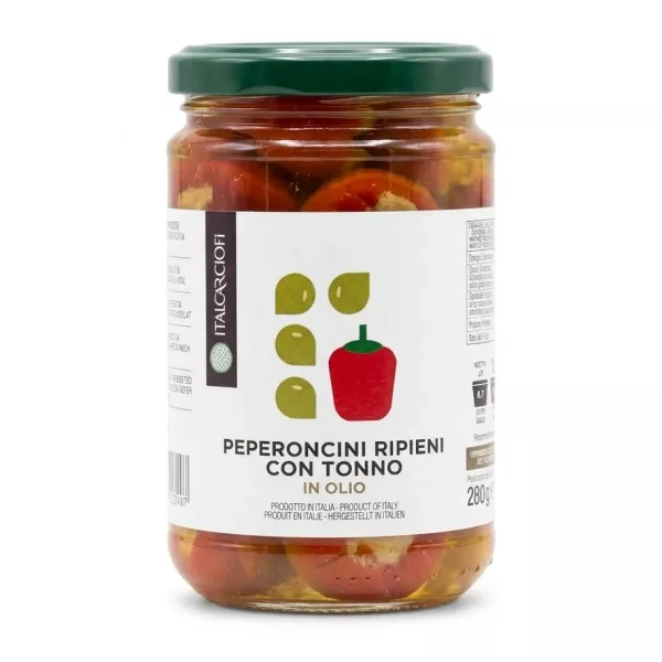 Front view of Italcarciofi Peperoncini Ripieni Con Tonno jar