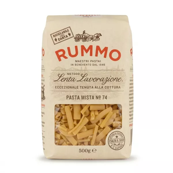 Front view of Rummo Pasta Mista No.74 500g bag with visible pasta shapes