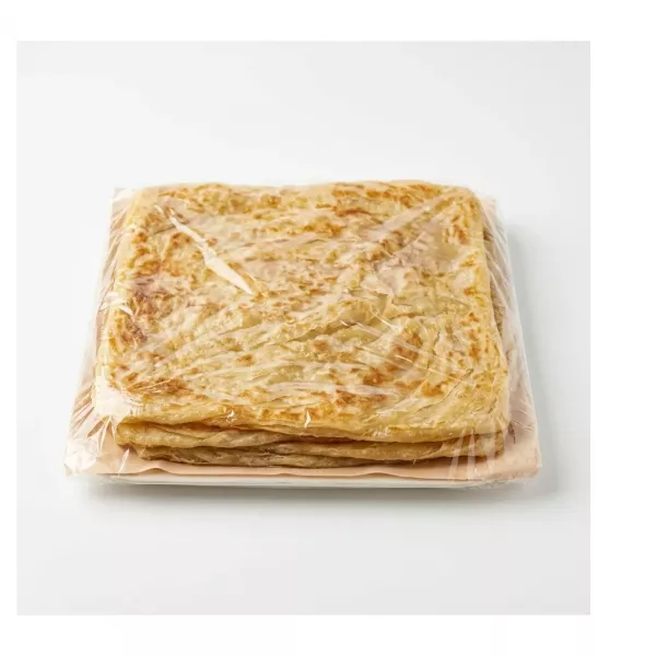 Tray of packaged plain msemen flatbreads on a shelf with pricing label